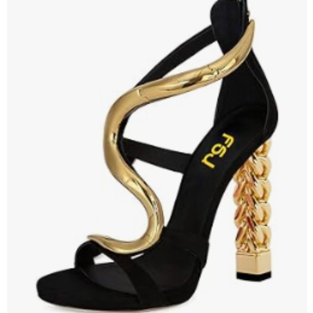 FSJ Gold S Gold Metal Chain Chunky High Heels Ankle Strap Sandals Open Toe Shoes